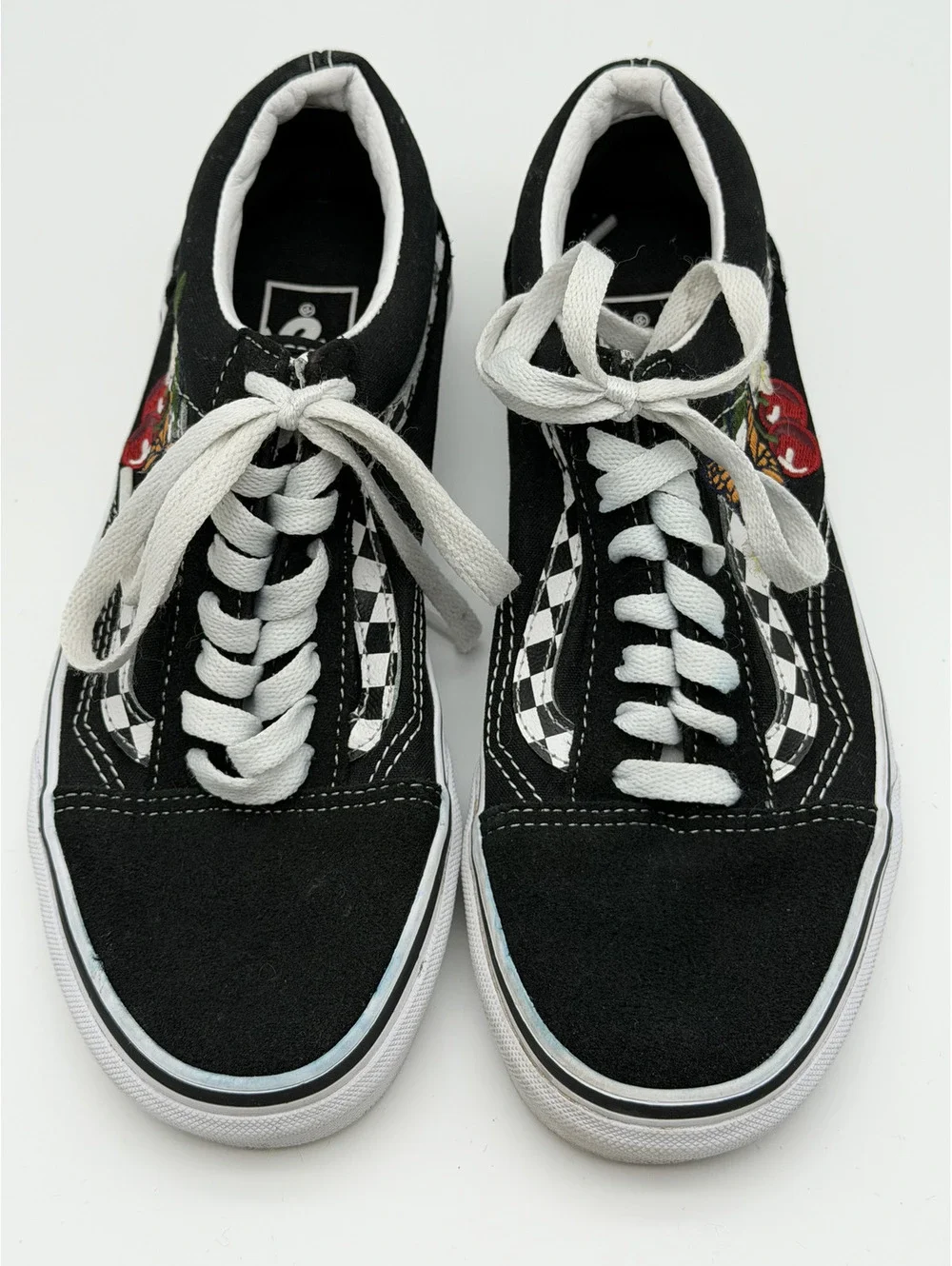 Vans Unisex Black Suede Checkerboard Sneakers with Cherry and Butterfly